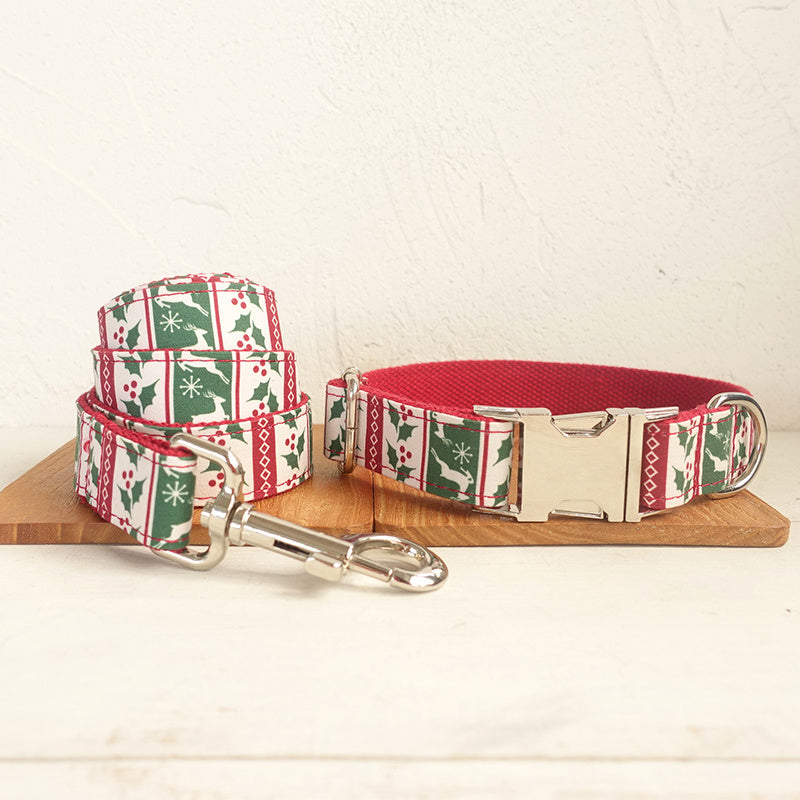 Christmas Deer Dog Collar & Leash Set | Light Gold Polyester Christmas Dog Accessories